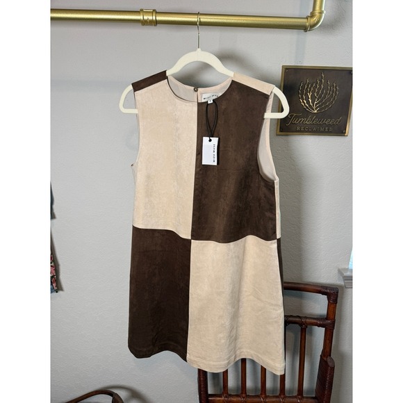 Miou Muse Dresses & Skirts - Miou Muse Womens Brown Cream Colorblock Faux Suede Checkerboard Mini Dress M NEW